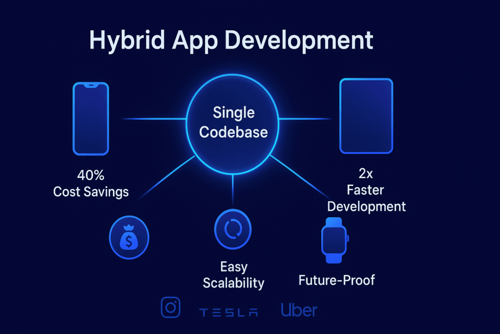 Hybrid app development diagram showing single codebase deploying to iOS and Android devices