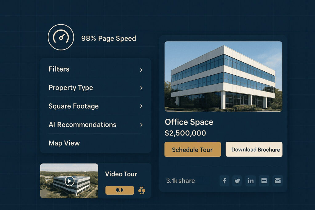 commercial real estate website designv - A sleek, modern dashboard view of a high-performing commercial real estate website