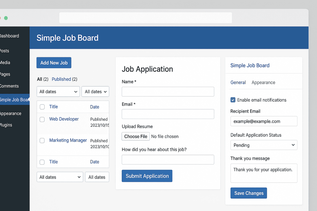 Simple Job Board WordPress plugin dashboard view showing job management interface
