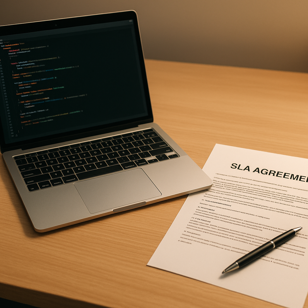 A detailed table listing the key requirements to look for in a software development SLA, including performance metrics and communication protocols.