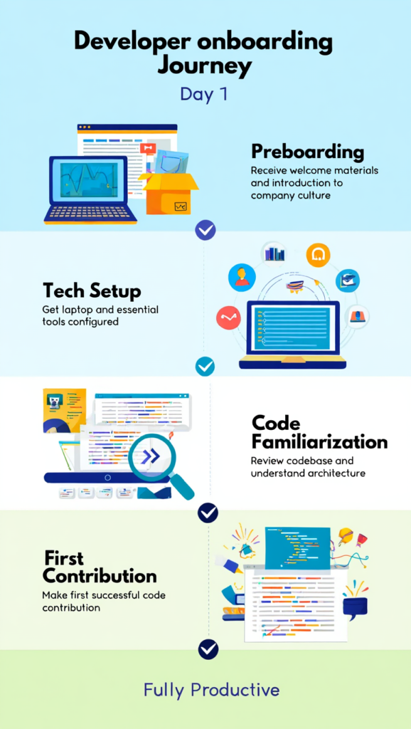 A detailed developer onboarding checklist for the first day, 30 days, 60 days, and 90 days with clear milestones
