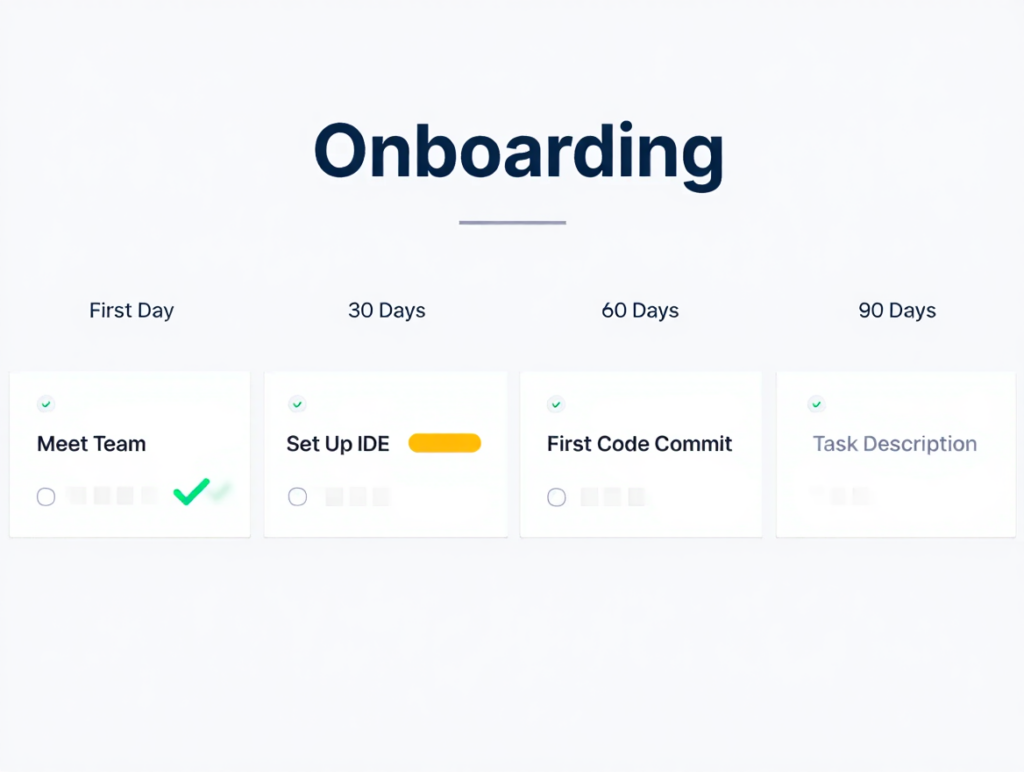 A step-by-step flowchart of the developer onboarding process from pre-boarding to full productivity