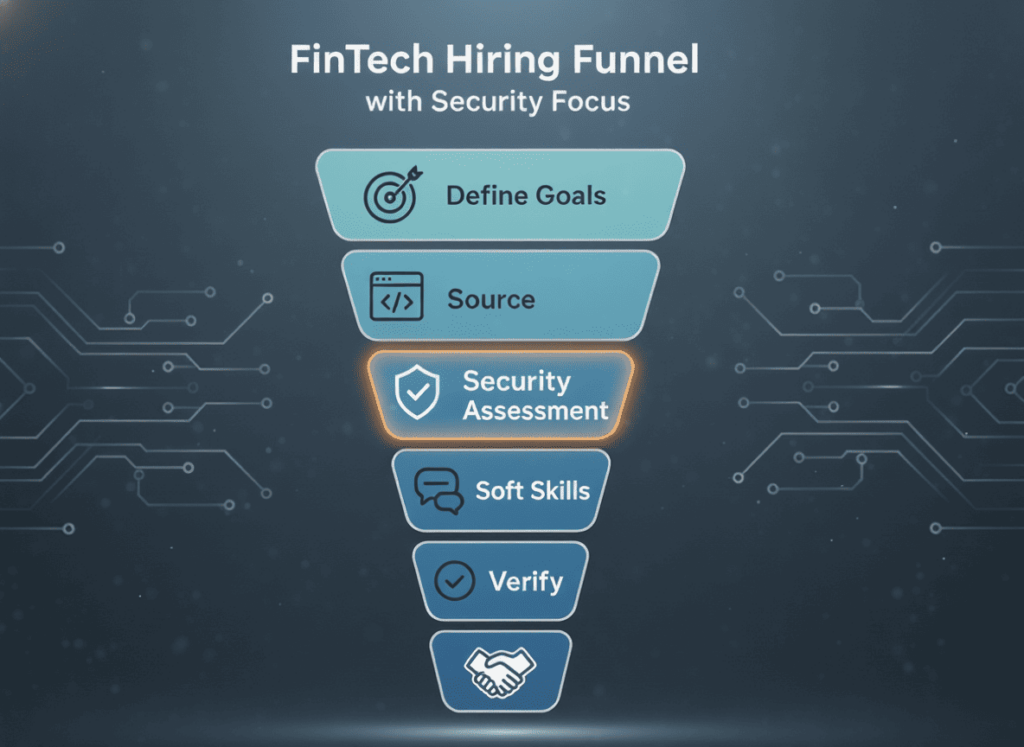 Visual flowchart of the FinTech developer hiring process from sourcing to onboarding