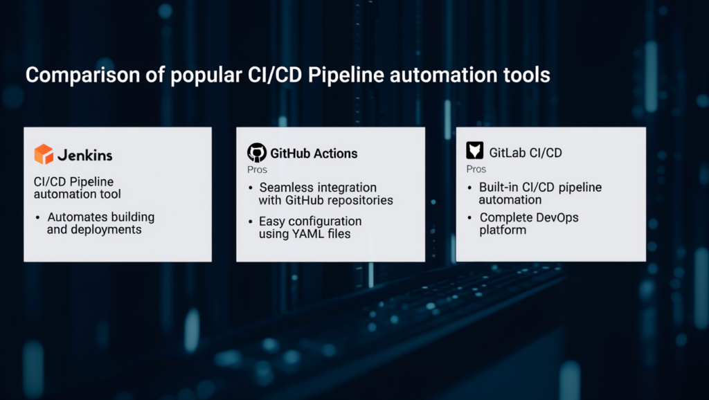 CI/CD pipeline automation tools like Jenkins, GitHub Actions, and GitLab CI/CD