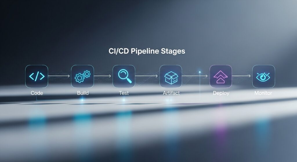Infographic showing key CI/CD pipeline stages: Code, Build, Test, Artifact, Deploy, and Monitor